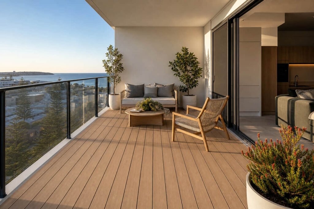 Modern Australian apartment balcony with light timber-look composite boards and a glass balustrade
