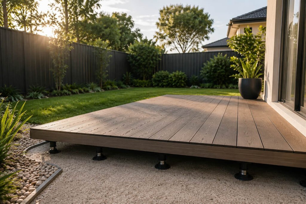 floating deck over pavers backyard