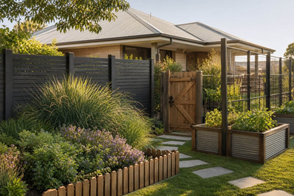 Modern Australian garden with composite, picket and mesh fencing