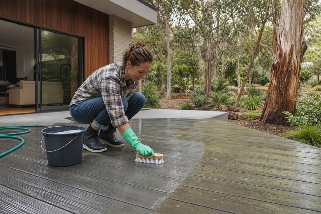 Homeowner safely scrubbing green surface growth from an outdoor deck beside a modern Australian house