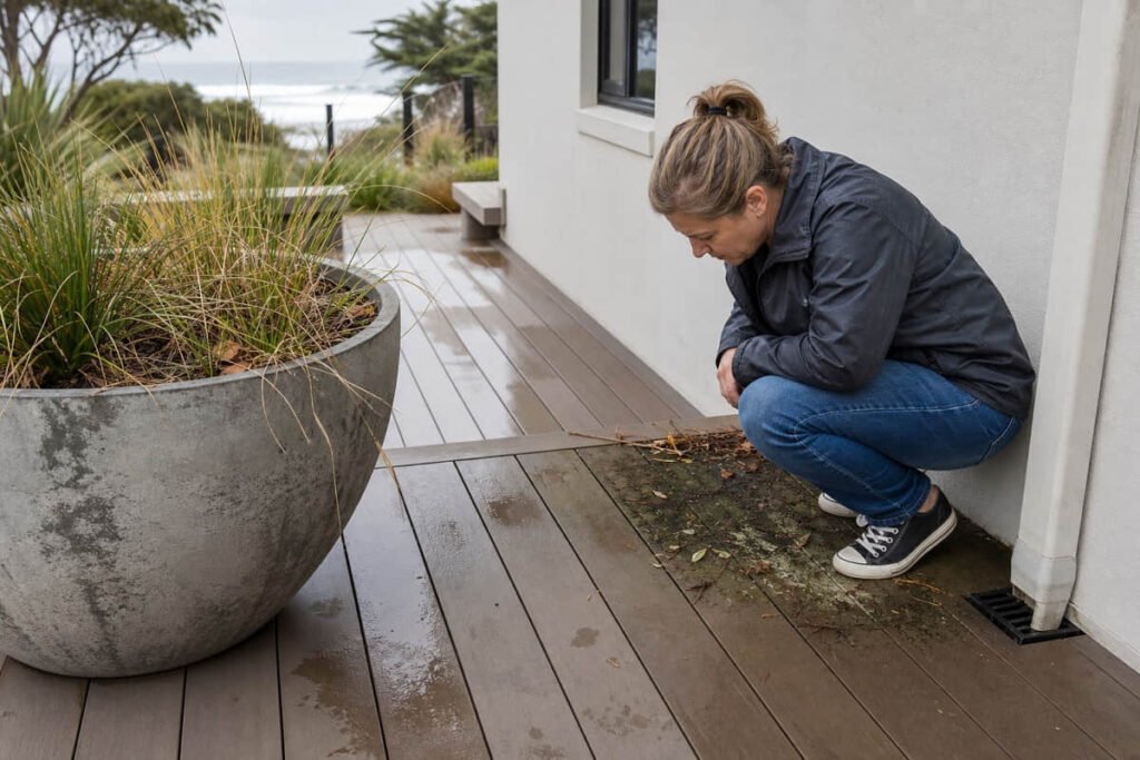 inspect deck moisture traps and drainage