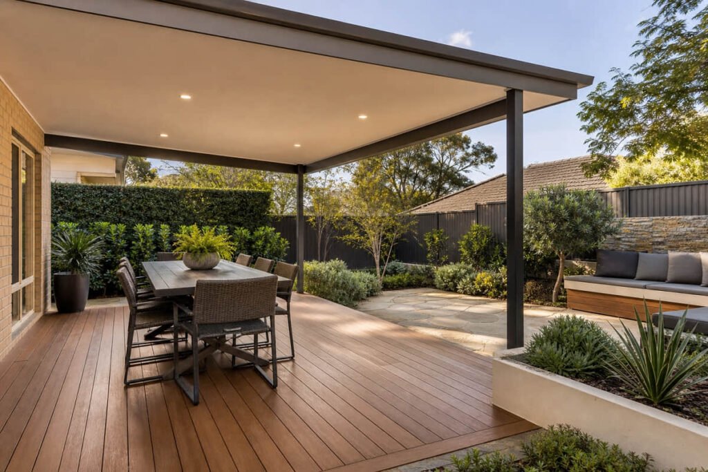 patio ideas for outdoor spaces in an Australian backyard with decking, pergola, dining area and native plants