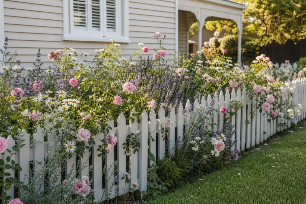 picket fence cottage flower beds
