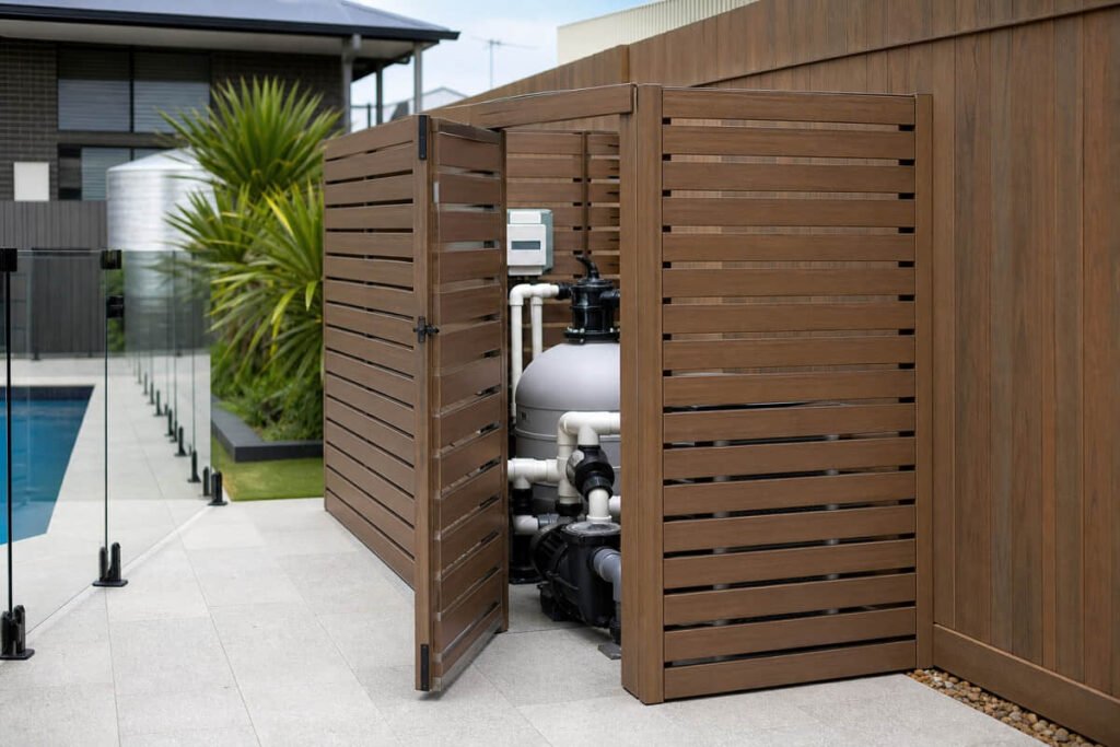 10 Pool Fencing Ideas for Australian Backyards 9 pool equipment screen composite pump enclosure
