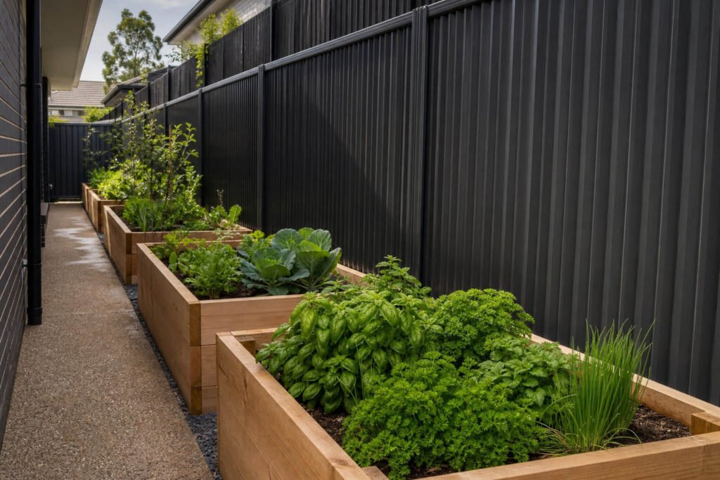 raised garden beds along fence