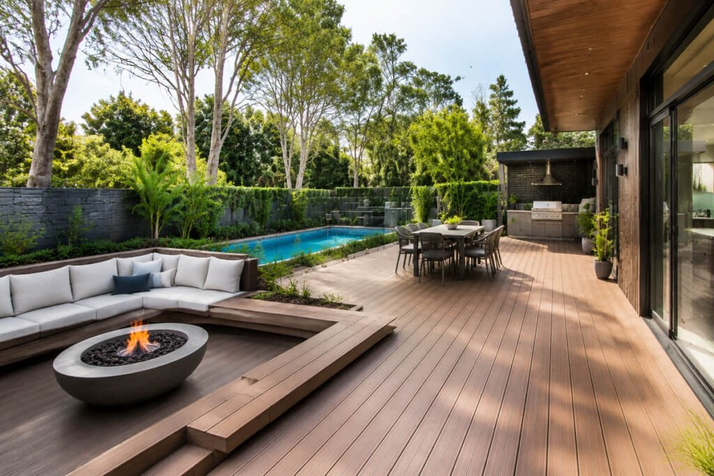 Sunken lounge deck with fire pit beside pool and outdoor dining setting