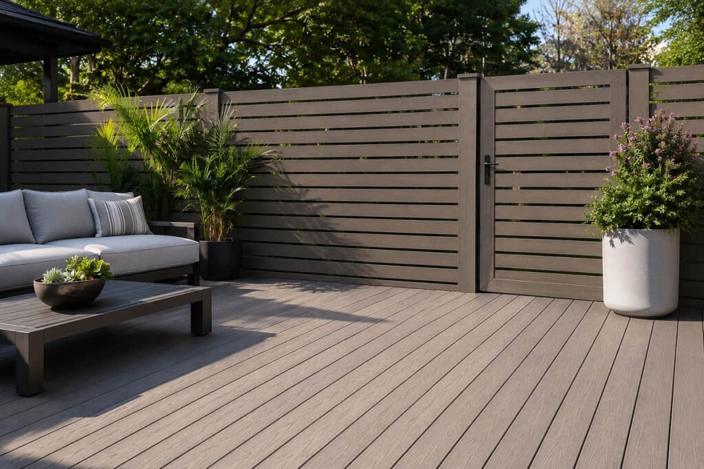 Sustainable composite decking with matching slatted fence and gate in Australian backyard