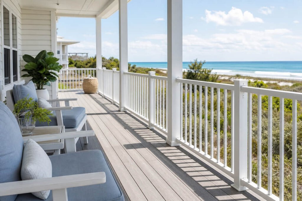 white coastal balustrade grey decking