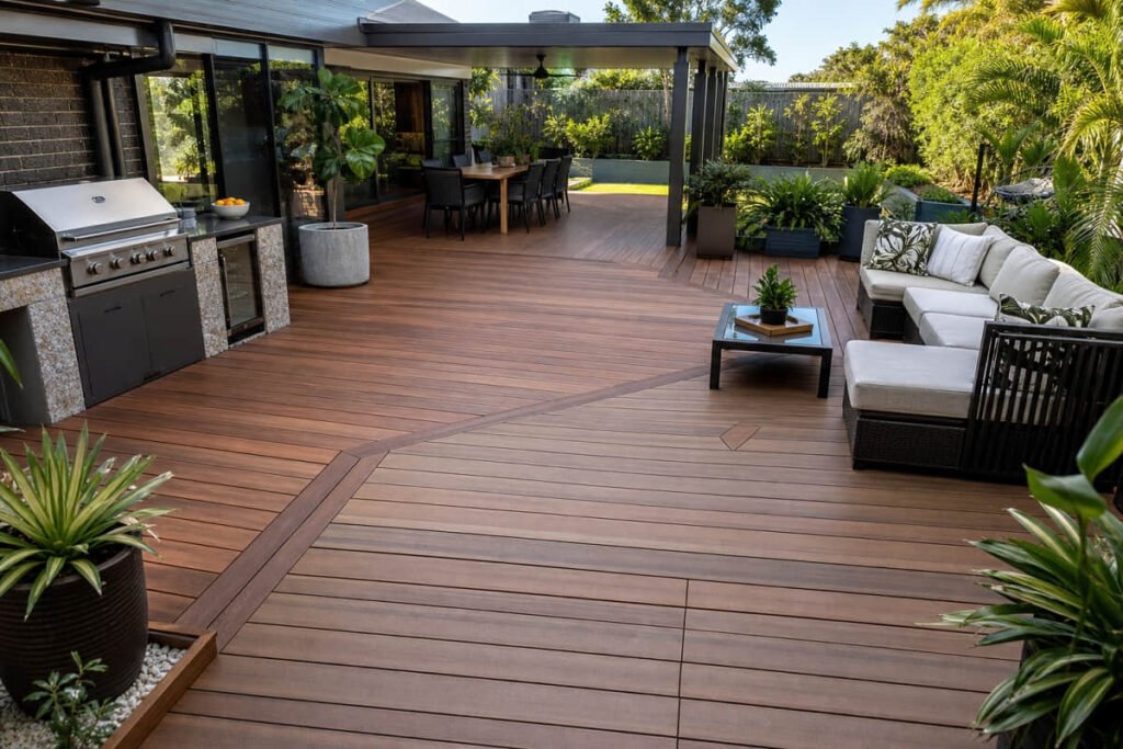 15 Patio Ideas for Outdoor Spaces 3 zoned patio composite decking layout