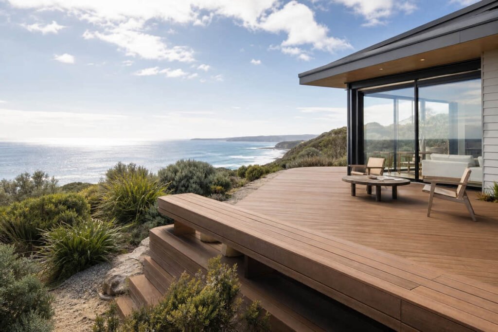 Modern coastal Australian home with a durable decking area overlooking the ocean