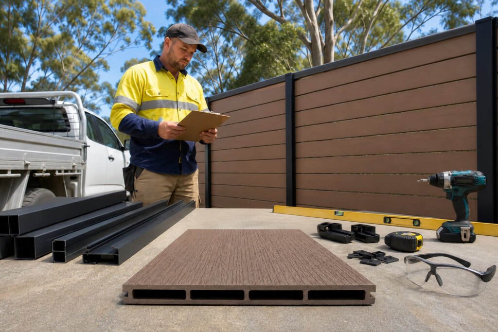 Builder reviewing fencing supplies guide checklist with composite fence panel and tools