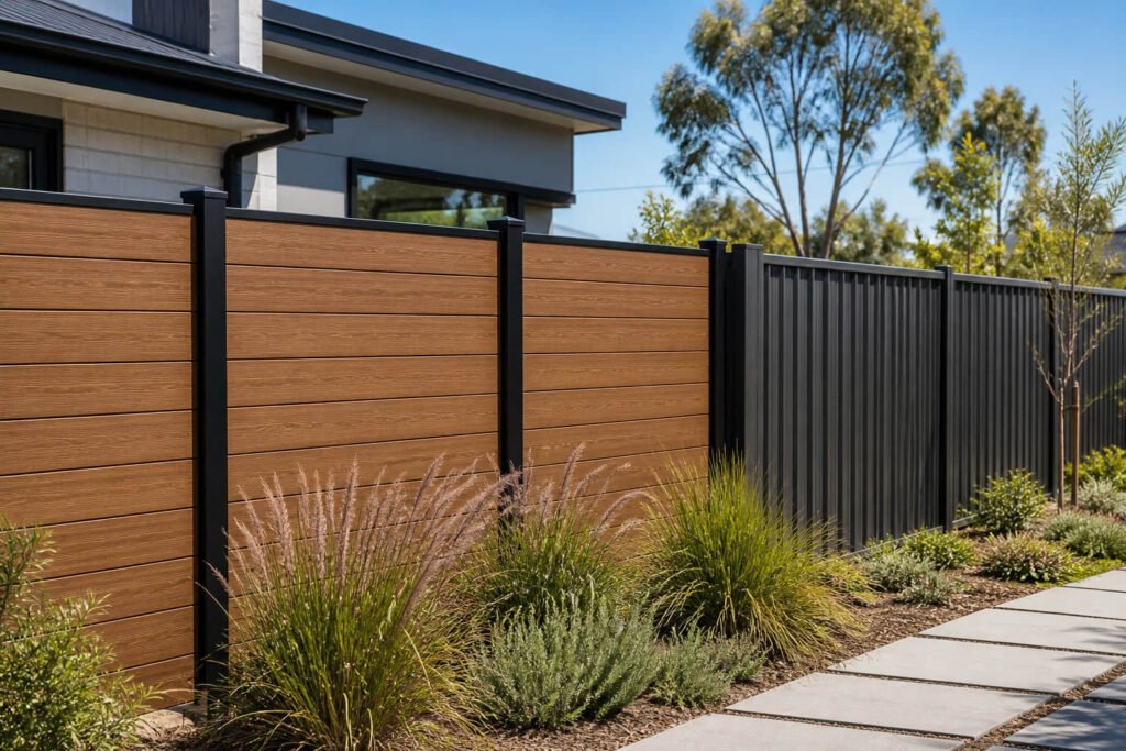Composite screening vs metal fencing in an Australian home, featuring timber-look composite screening panels alongside modern metal fencing