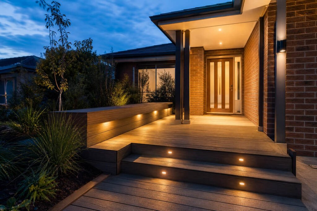 Front Porch Deck Ideas: Specs, Costs & Design 8 front deck built in bench step lighting