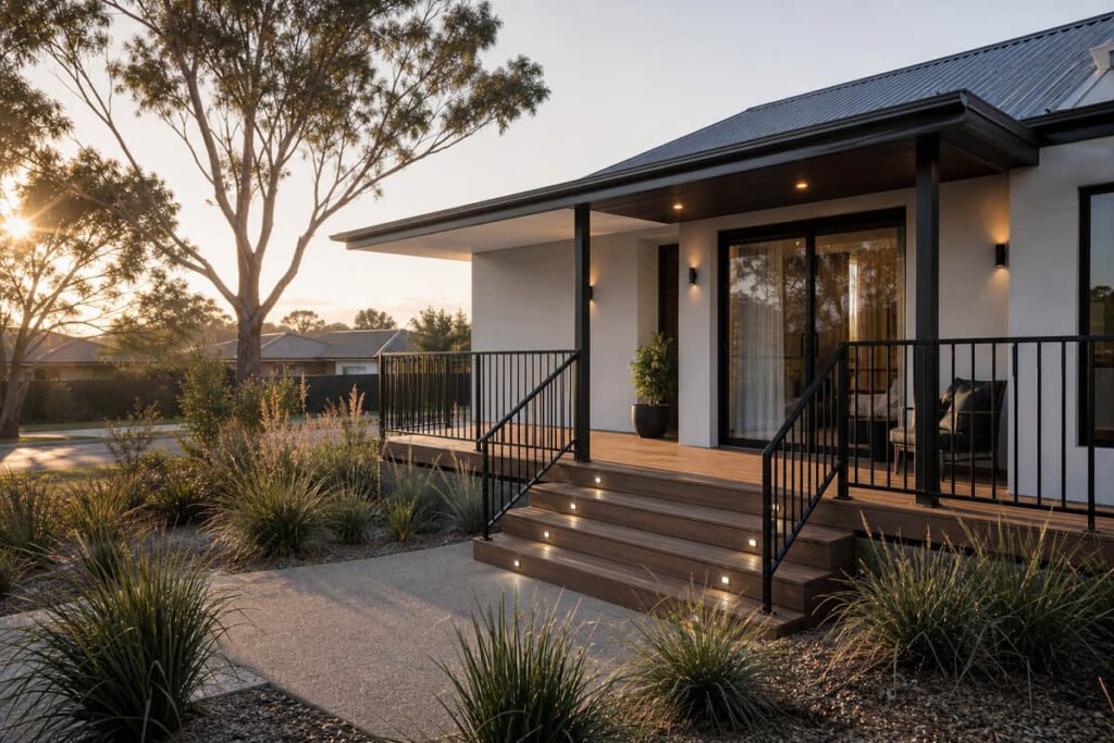 Contemporary Australian home with a welcoming composite front entry deck and native landscaping