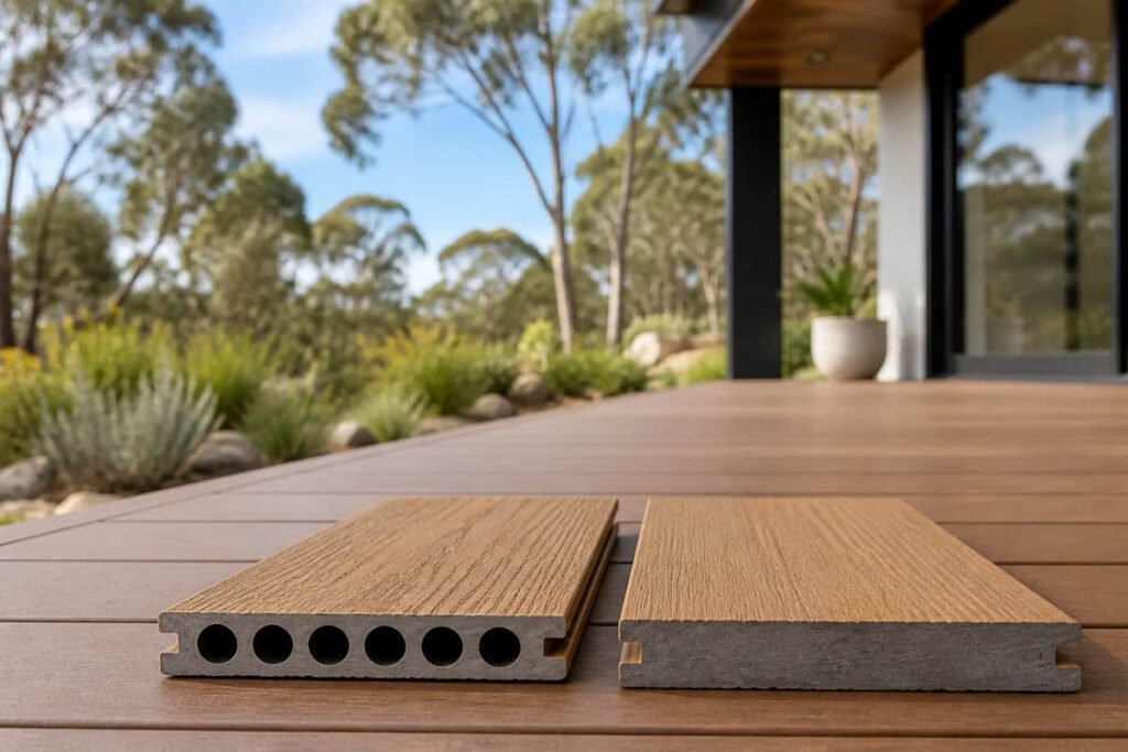 Cutaway samples of chambered and full-core deck boards displayed on a contemporary Australian patio