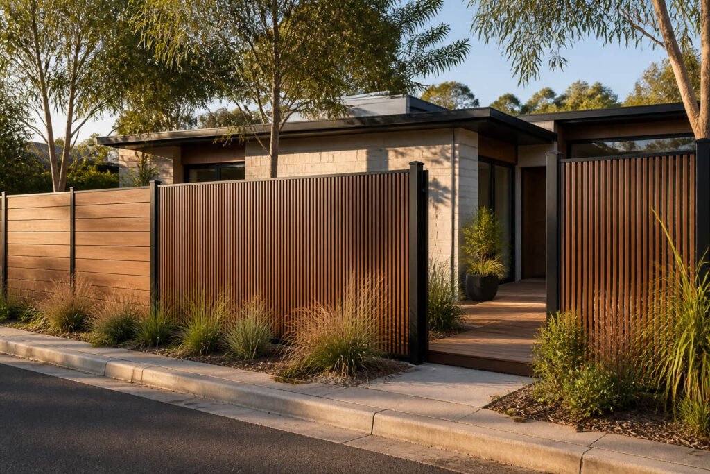 Composite Fence vs Metal Fence: Which Suits Your Next Project? 5 modern woodgrain front fence street appeal
