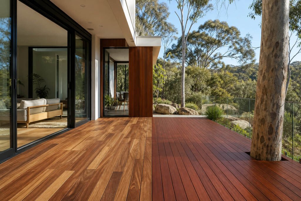 Australian outdoor deck displaying varied spotted gum boards beside warm reddish-brown merbau timber