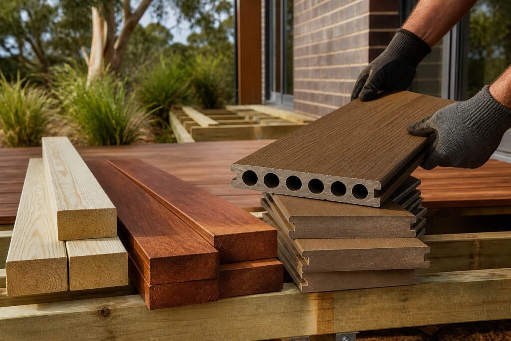Composite deck boards and Australian hardwood planks laid side by side at a residential building site