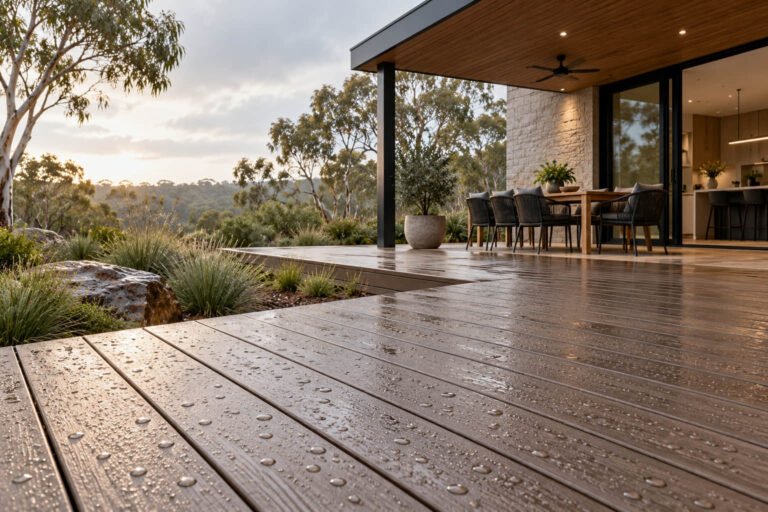 Rainwater beads on textured grey-brown boards outside a modern home with a covered alfresco dining area