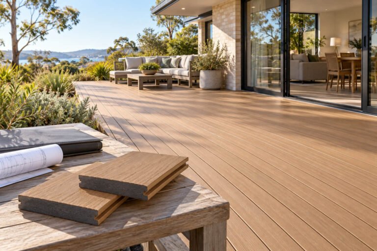 Warm-toned composite decking beside an Australian home, with board samples and project drawings on a nearby table