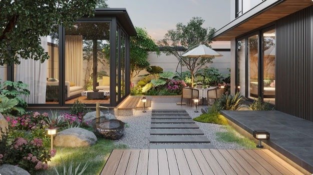 WPC decking outdoor backyard pathway with composite decking