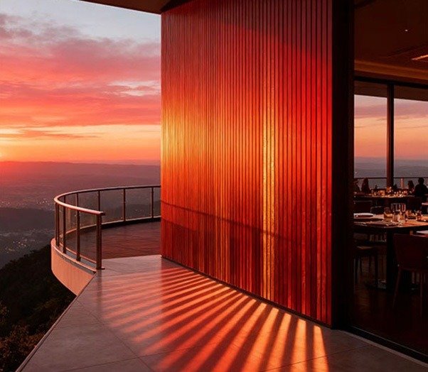 WPC wall cladding on outdoor terrace at sunset