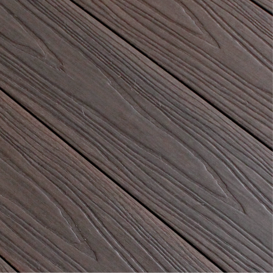 dark brown WPC decking boards with wood-grain texture