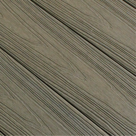 Grey woodgrain WPC decking boards with textured finish