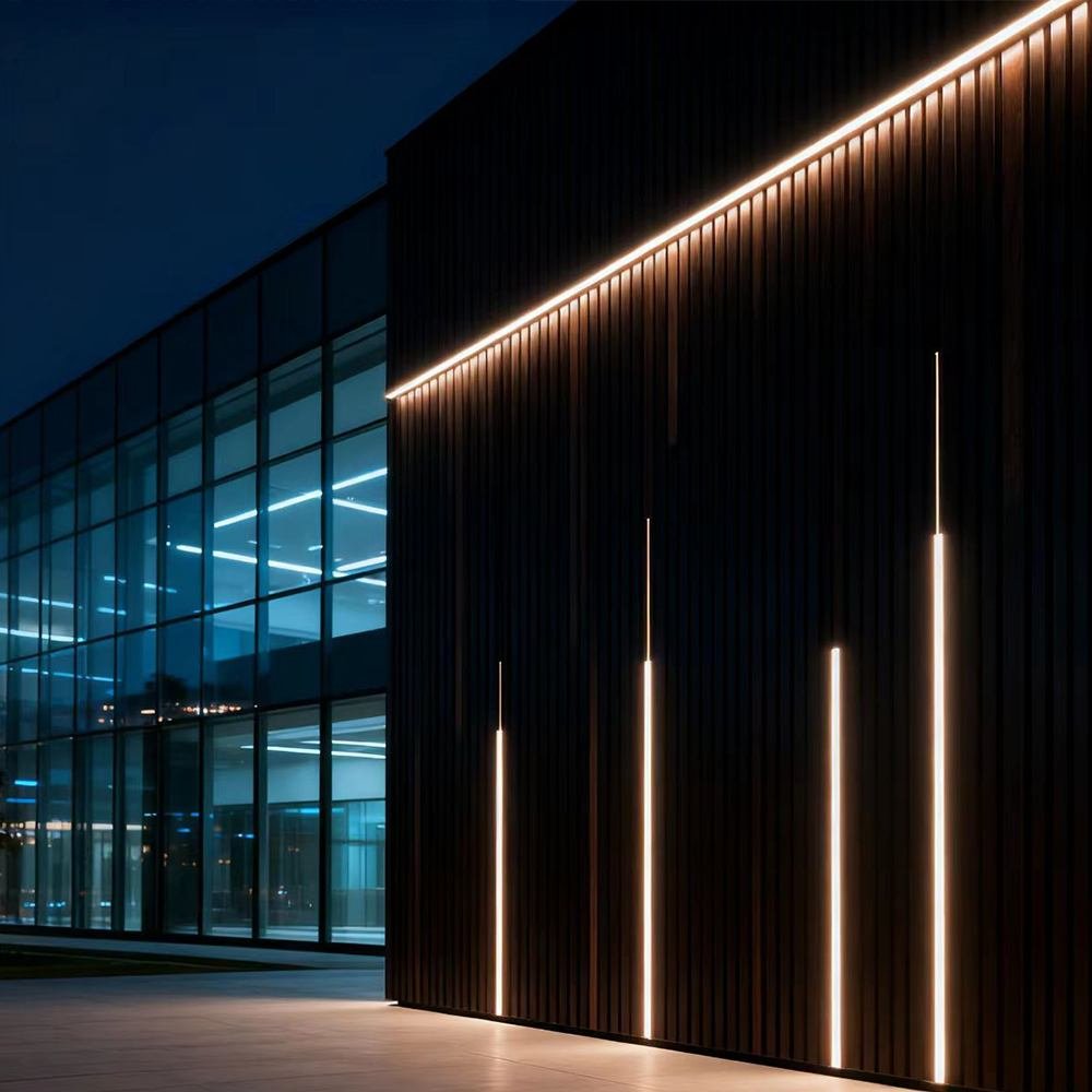 WPC wall cladding exterior with vertical slats and lighting