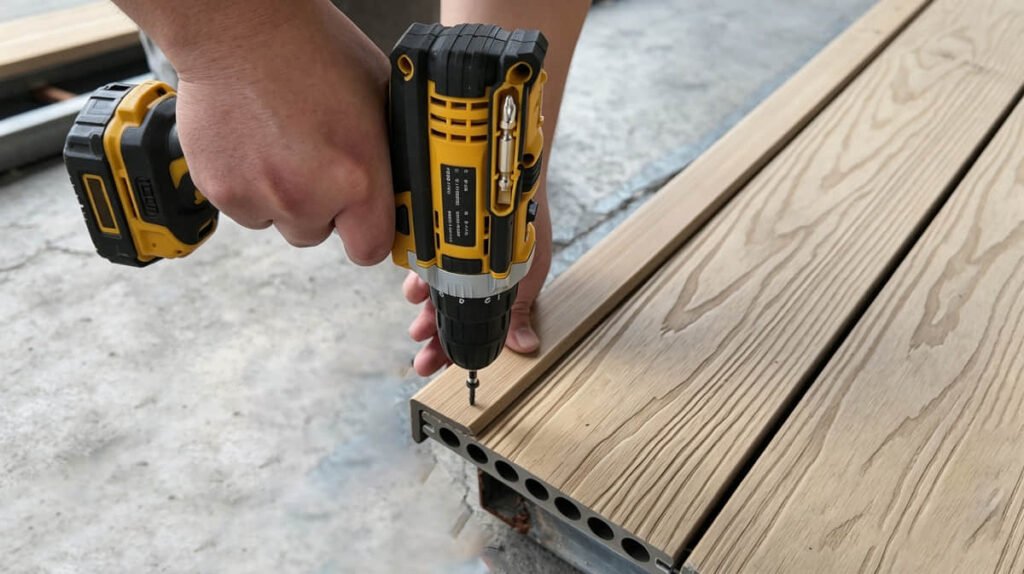 worker using a drill to fasten a capped composite decking board with hollow core and wood grain texture