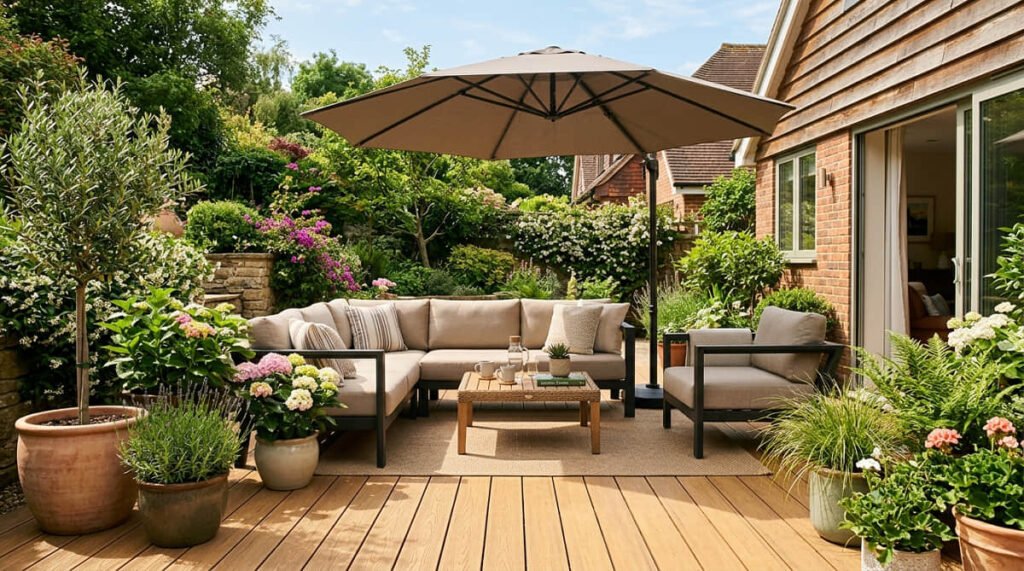 light brown composite deck boards with wood grain texture on a patio