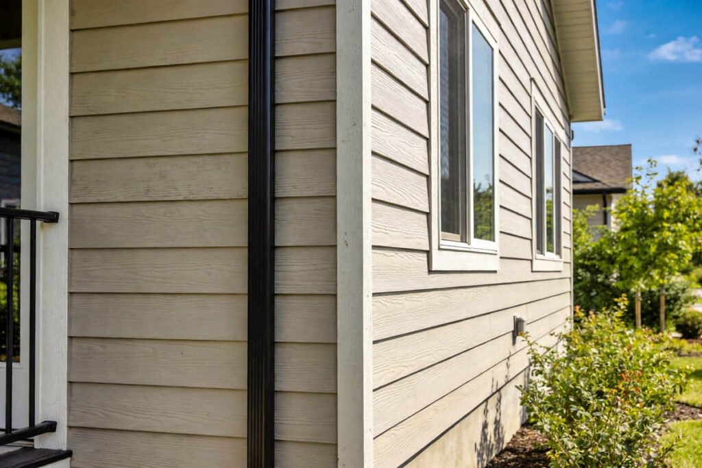 beige horizontal composite wall cladding with wood grain texture on a house corner