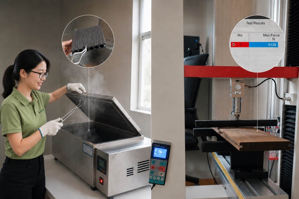 Factory technician conducting boiling water immersion test and tensile strength test on composite decking board