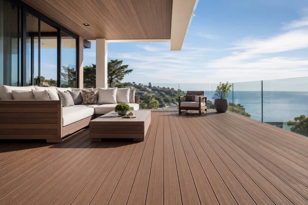 Luxury oceanfront terrace installed with wood-grain composite decking boards, featuring modern outdoor furniture and glass balustrade