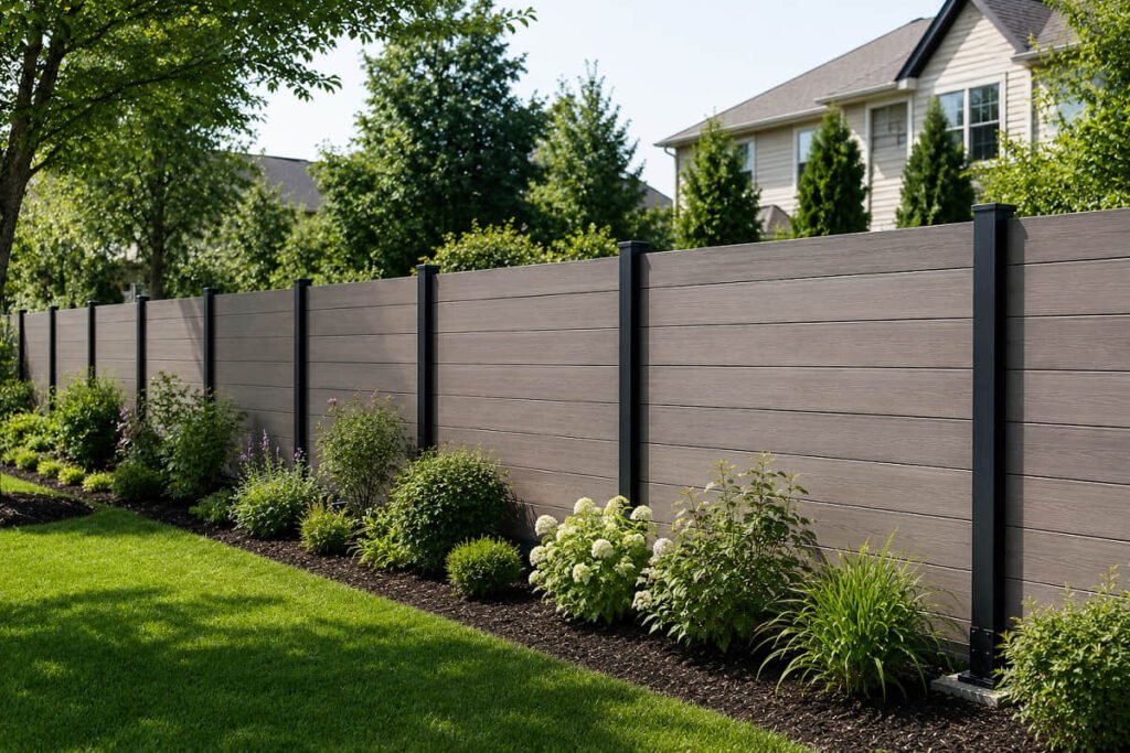 Composite fence installation with horizontal boards and black aluminum posts in a landscaped backyard