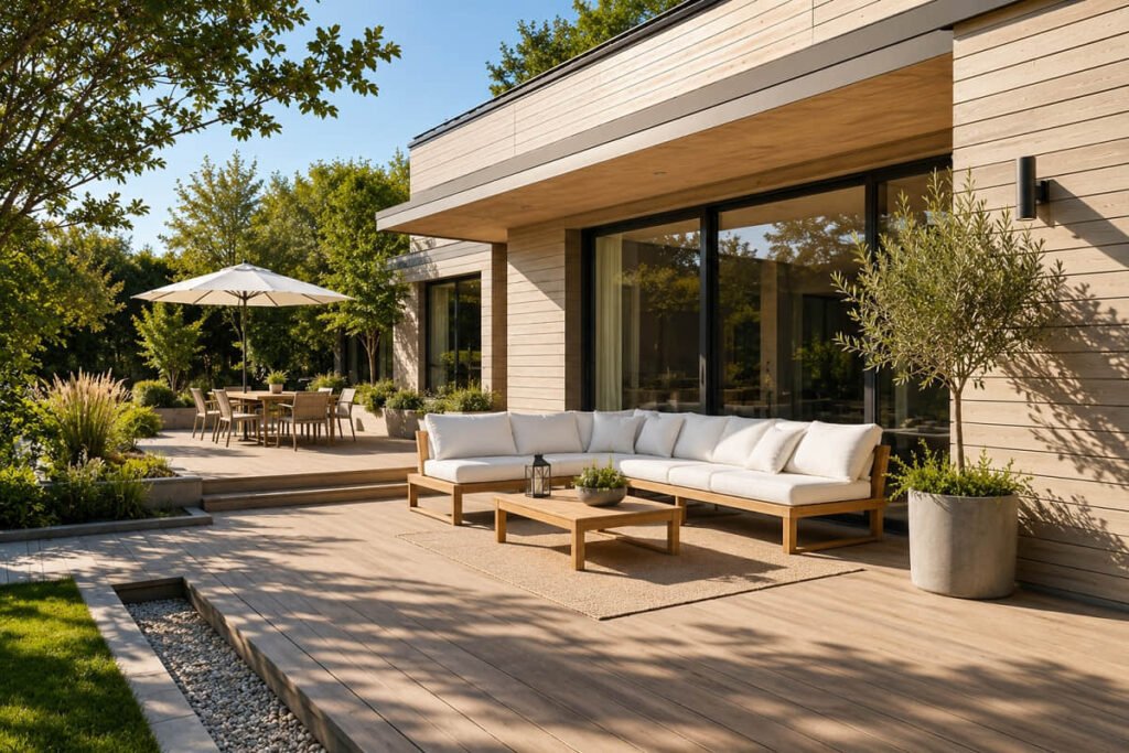 outdoor lounge and dining area built against composite siding as a low maintenance cladding