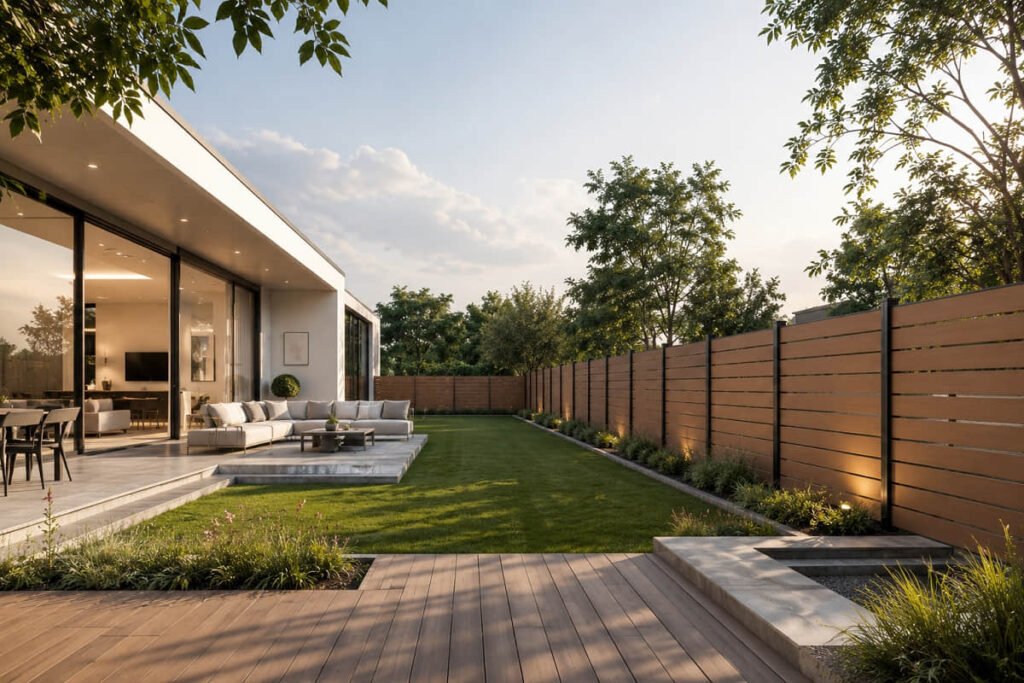 fenced residential yard using composite fencing for privacy and boundary screening