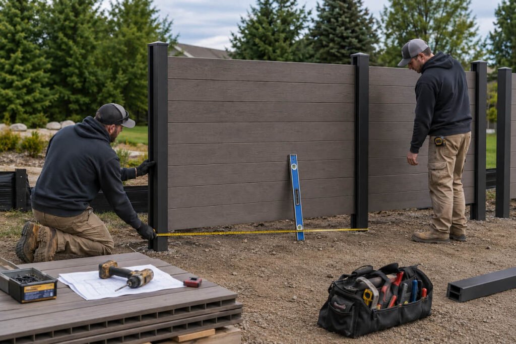 Two workers installing composite fence panels with black aluminum posts, using a level and tape measure to ensure proper alignment