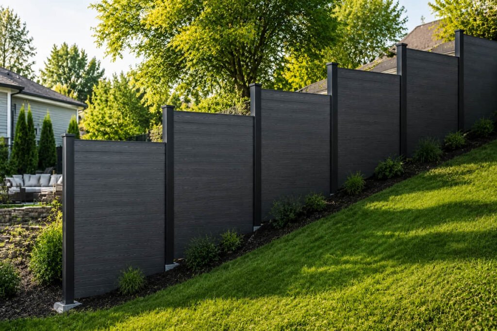 7 Mistakes to Avoid When Installing Composite Fencing 5 black composite fence sloped yard installation