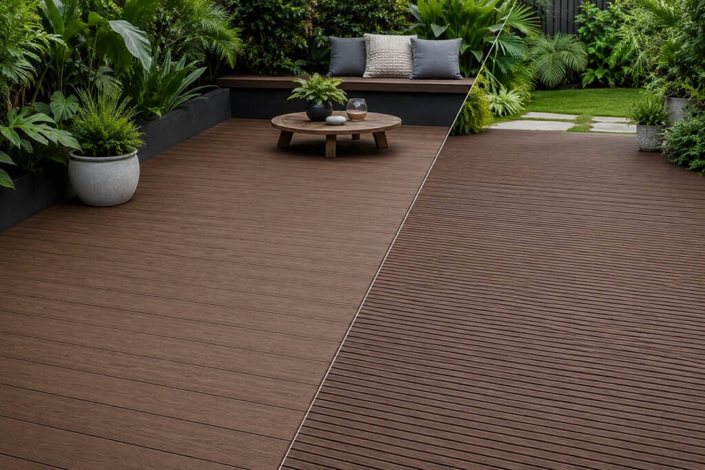 Capped vs. uncapped composite decking side-by-side comparison in a garden setting