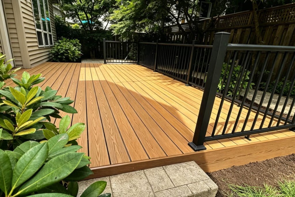 Composite, Aluminum, and Cable Deck Railing: Which System Fits Your Project? 2 composite deck black aluminum railing backyard