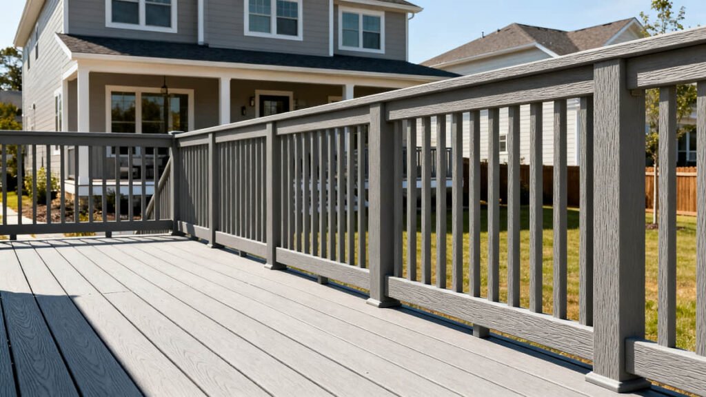 Composite, Aluminum, and Cable Deck Railing: Which System Fits Your Project? 5 composite deck railing gray suburban backyard