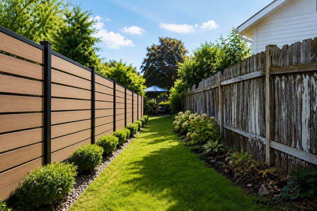 composite fence vs privacy fence side by side backyard