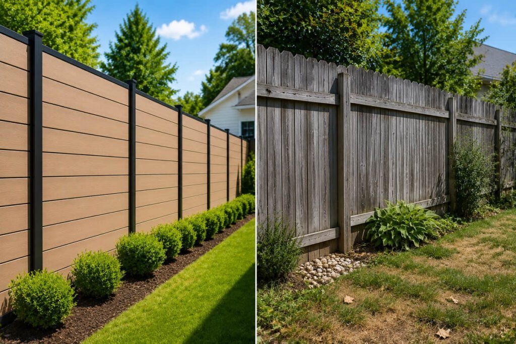 Comparison of composite fence and old wood privacy fence in suburban backyard