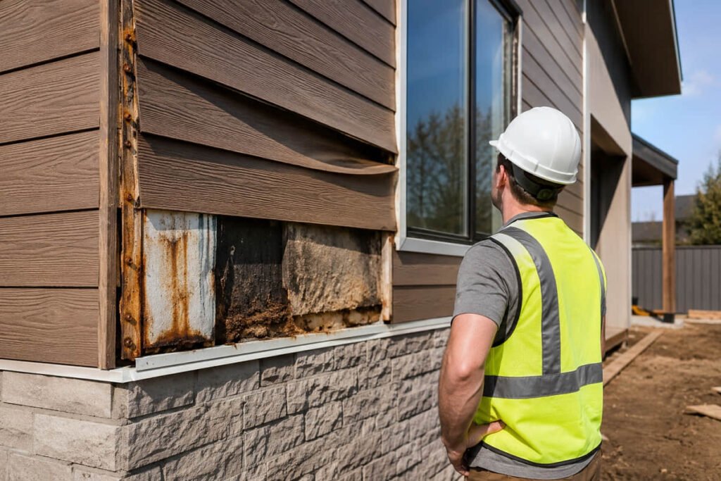 Worker inspecting rotted sheathing behind composite siding installation mistake