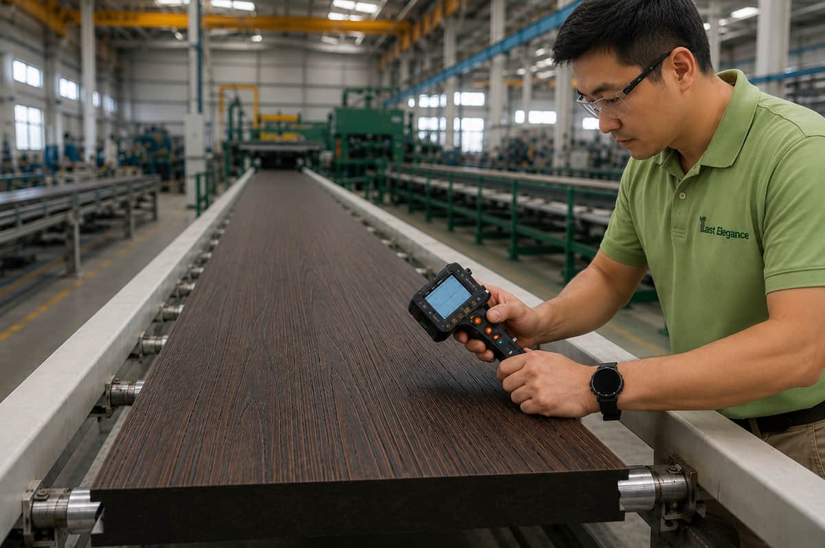 How to Vet a Composite Siding Manufacturer Before You Commit 3 Quality control technician inspecting composite siding panel at manufacturer's factory