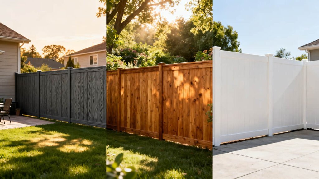 Side-by-side comparison of composite, cedar wood, and vinyl privacy fences in three separate backyard settings