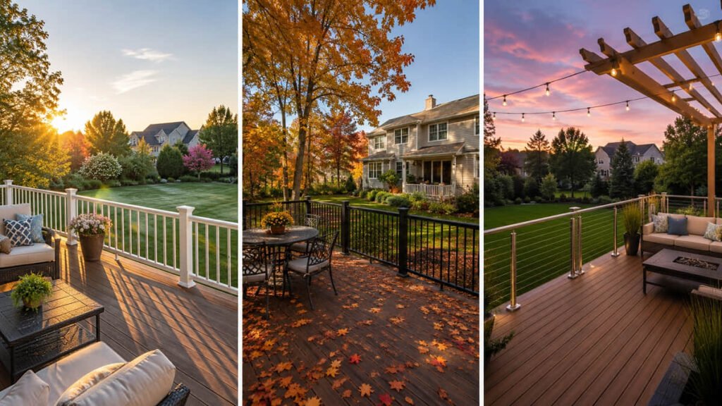Three deck railing styles shown across seasons — white vinyl, black metal, and cable railing