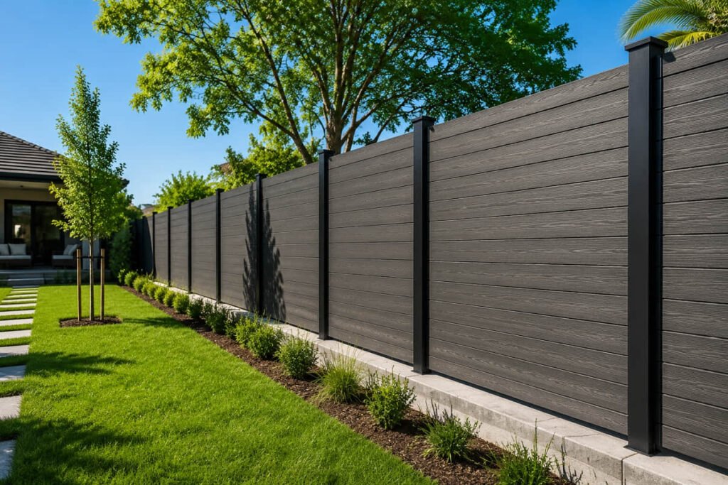 7 Mistakes to Avoid When Installing Composite Fencing 4 gray composite fence panels black posts backyard