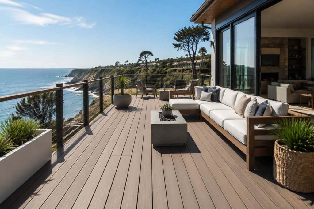 Composite decking on coastal outdoor living deck